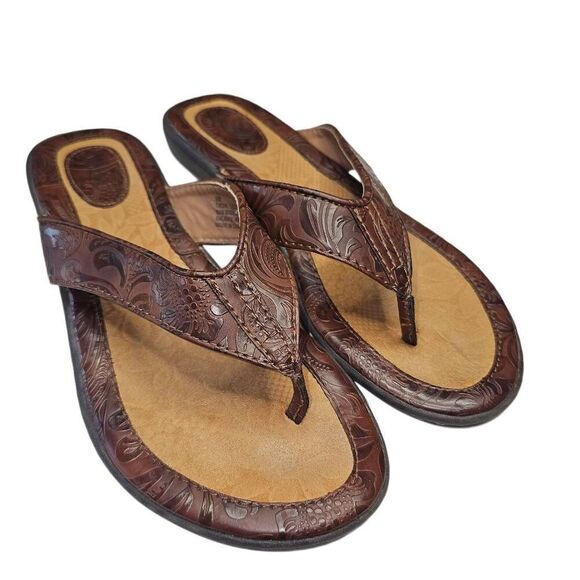 BOC Women's Size 11 Leather Sandals Flip Flops Thongs Brown Island Floral Brown - Picture 5 of 8